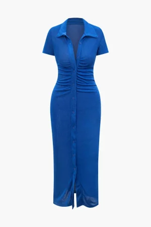 Solid Ruched Button Up Collar Midi Dress>MICAS Discount