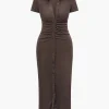 Solid Ruched Button Up Collar Midi Dress>MICAS Discount