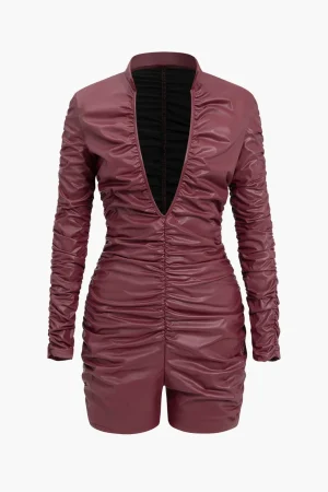 Solid Ruched High Elastic Leather Romper>MICAS Best