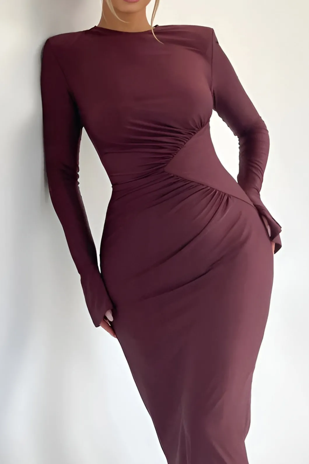 Solid Ruched Long-Sleeve Maxi Dress>MICAS Online