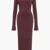 Solid Ruched Long-Sleeve Maxi Dress>MICAS Online