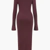 Solid Ruched Long-Sleeve Maxi Dress>MICAS Online