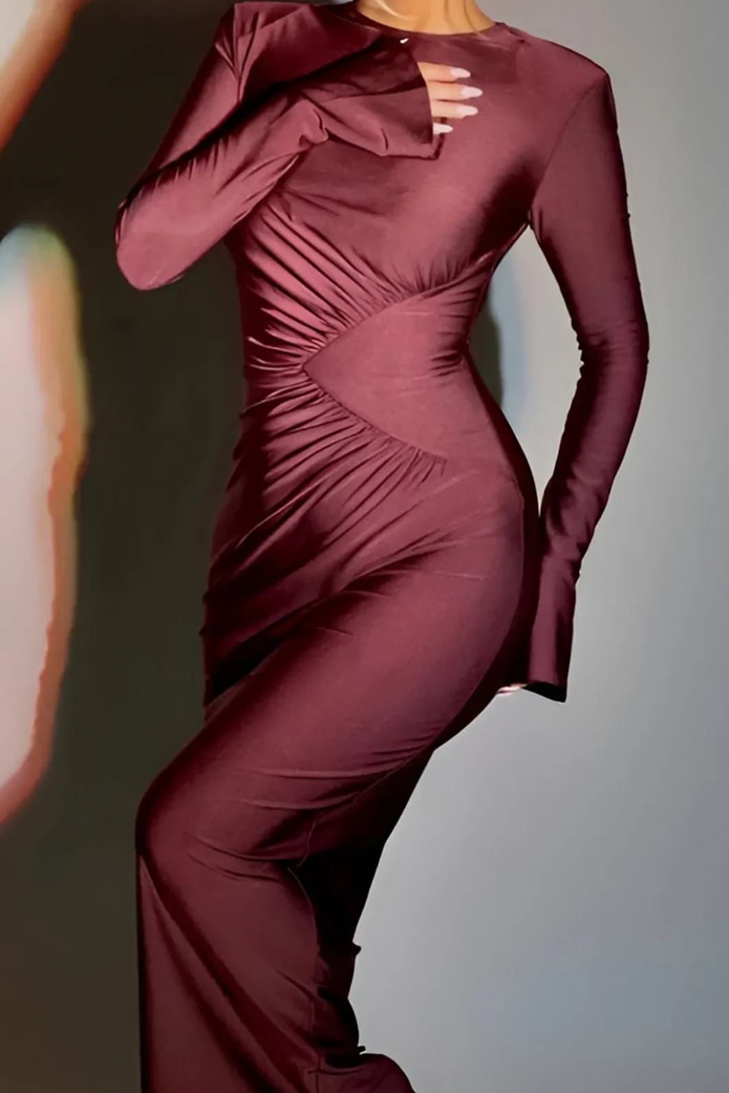 Solid Ruched Long-Sleeve Maxi Dress>MICAS Online