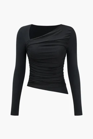 Solid Ruched Mesh Long-Sleeve Top>MICAS Sale