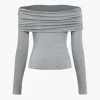 Solid Ruched Off Shoulder Long-Sleeve Top>MICAS Hot