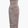 Solid Ruched Strapless Midi Dress>MICAS Clearance
