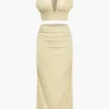 Solid Ruched V-neck Top And Skirt Set>MICAS Discount
