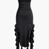 Solid Ruffle Hem Ruched Tube Maxi Dress>MICAS Fashion