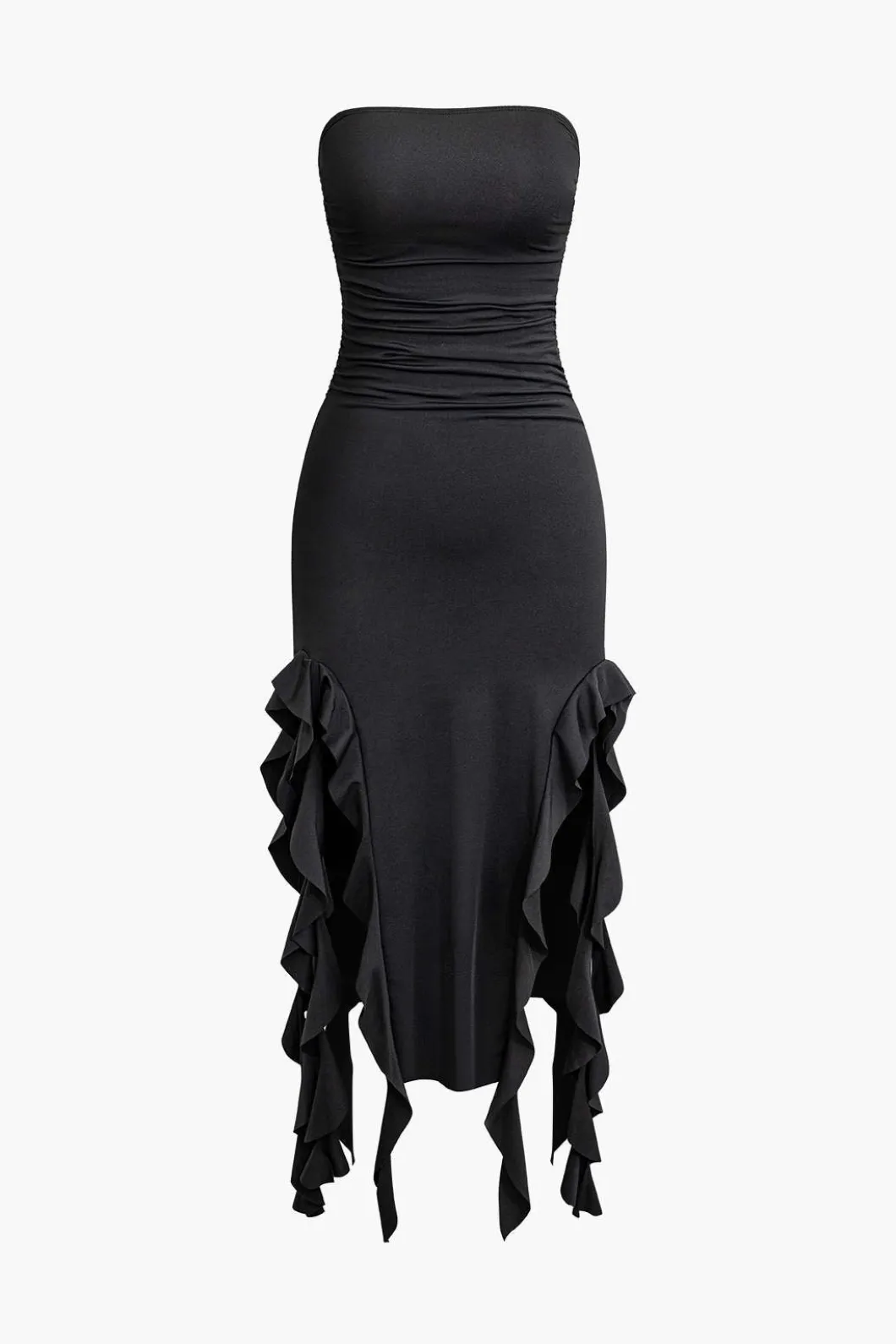 Solid Ruffle Hem Ruched Tube Maxi Dress>MICAS Fashion