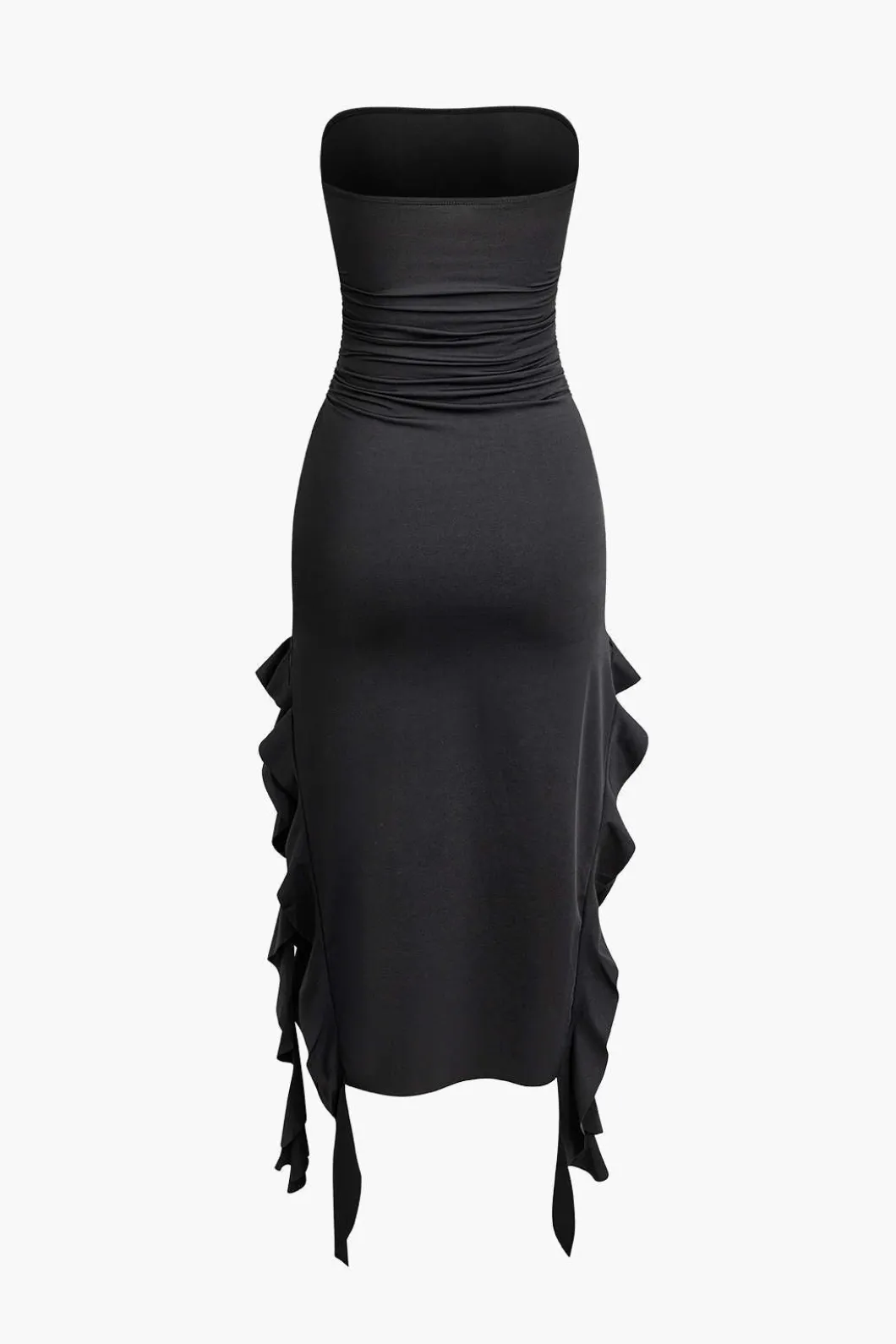 Solid Ruffle Hem Ruched Tube Maxi Dress>MICAS Fashion
