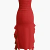 Solid Ruffle Hem Ruched Tube Maxi Dress>MICAS Fashion