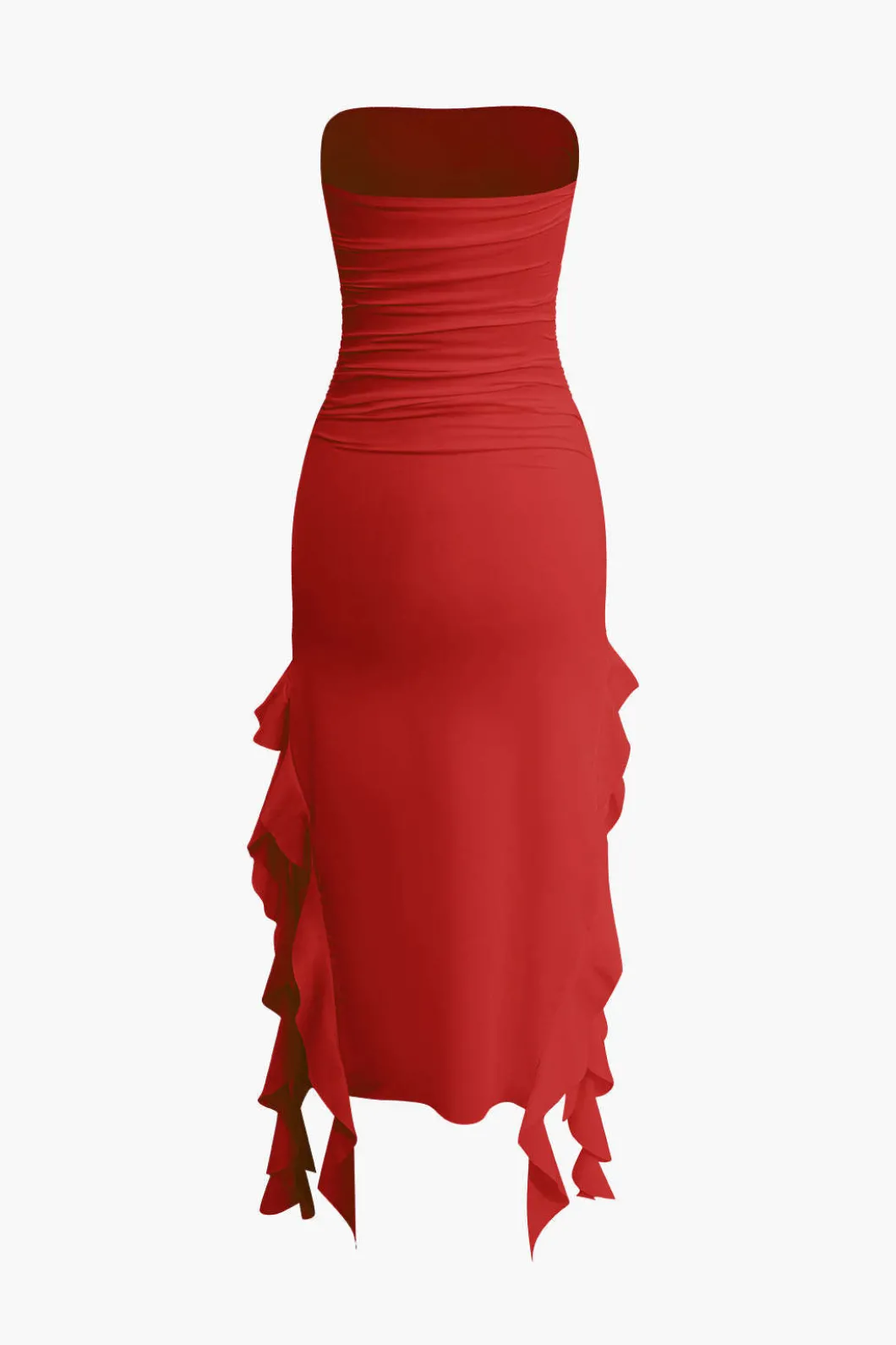 Solid Ruffle Hem Ruched Tube Maxi Dress>MICAS Fashion