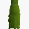 Solid Ruffle Hem Ruched Tube Maxi Dress>MICAS Fashion