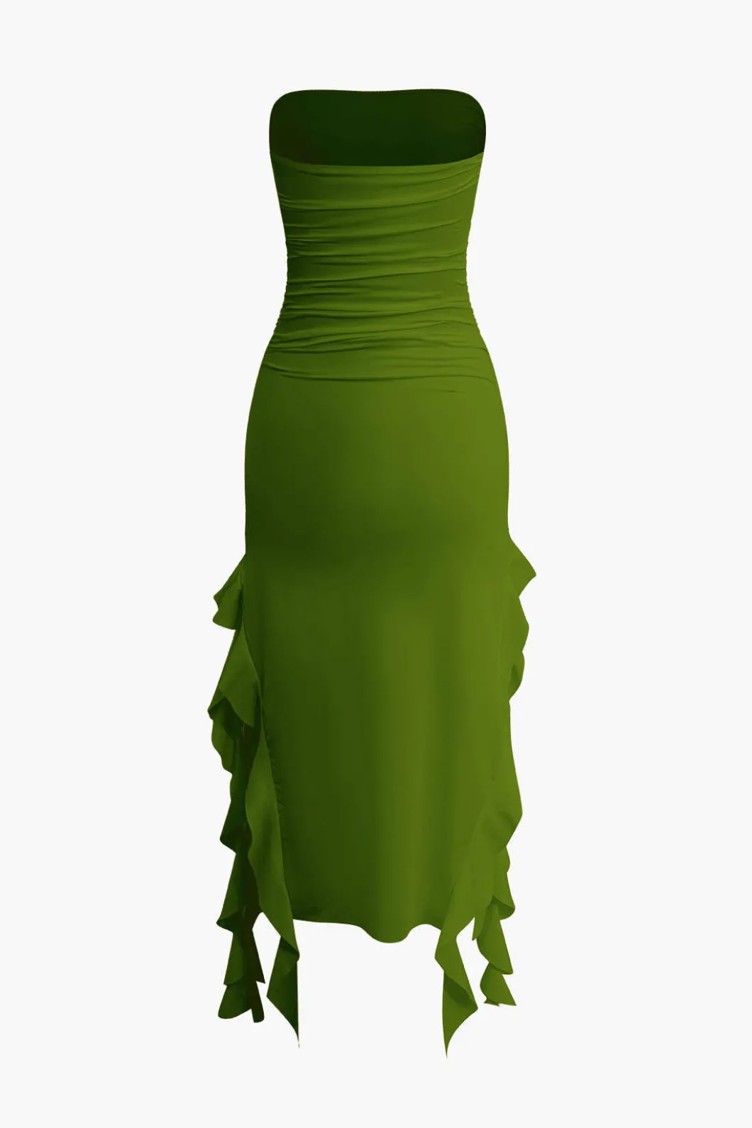 Solid Ruffle Hem Ruched Tube Maxi Dress>MICAS Fashion