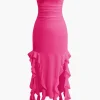 Solid Ruffle Hem Ruched Tube Maxi Dress>MICAS Fashion
