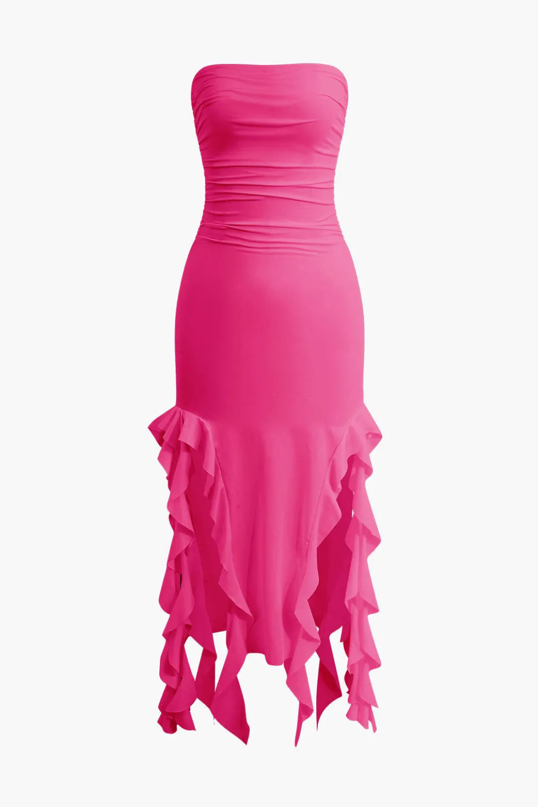 Solid Ruffle Hem Ruched Tube Maxi Dress>MICAS Fashion
