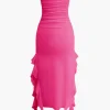 Solid Ruffle Hem Ruched Tube Maxi Dress>MICAS Fashion