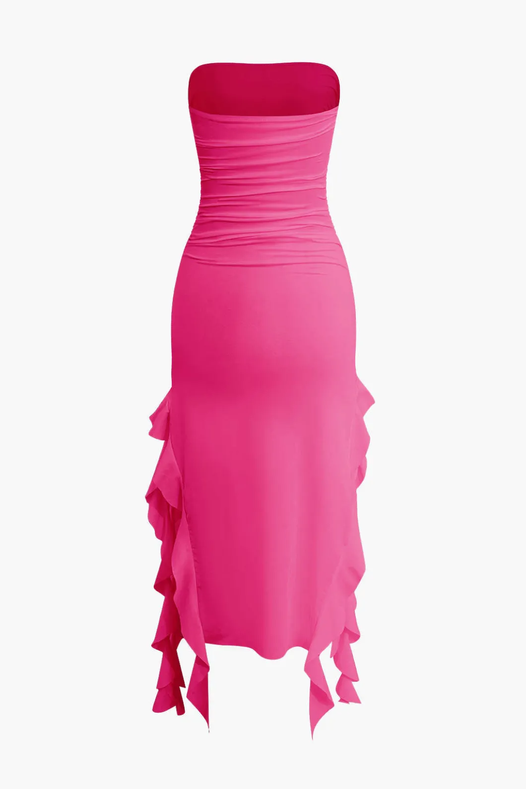 Solid Ruffle Hem Ruched Tube Maxi Dress>MICAS Fashion