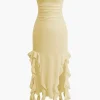 Solid Ruffle Hem Ruched Tube Maxi Dress>MICAS Fashion