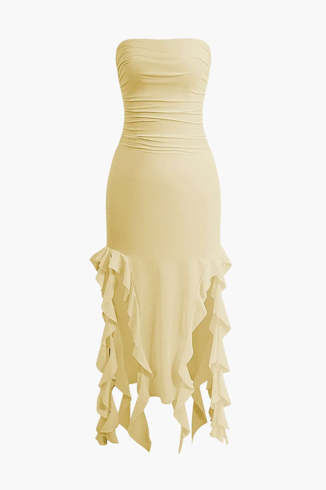 Solid Ruffle Hem Ruched Tube Maxi Dress>MICAS Fashion