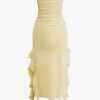 Solid Ruffle Hem Ruched Tube Maxi Dress>MICAS Fashion