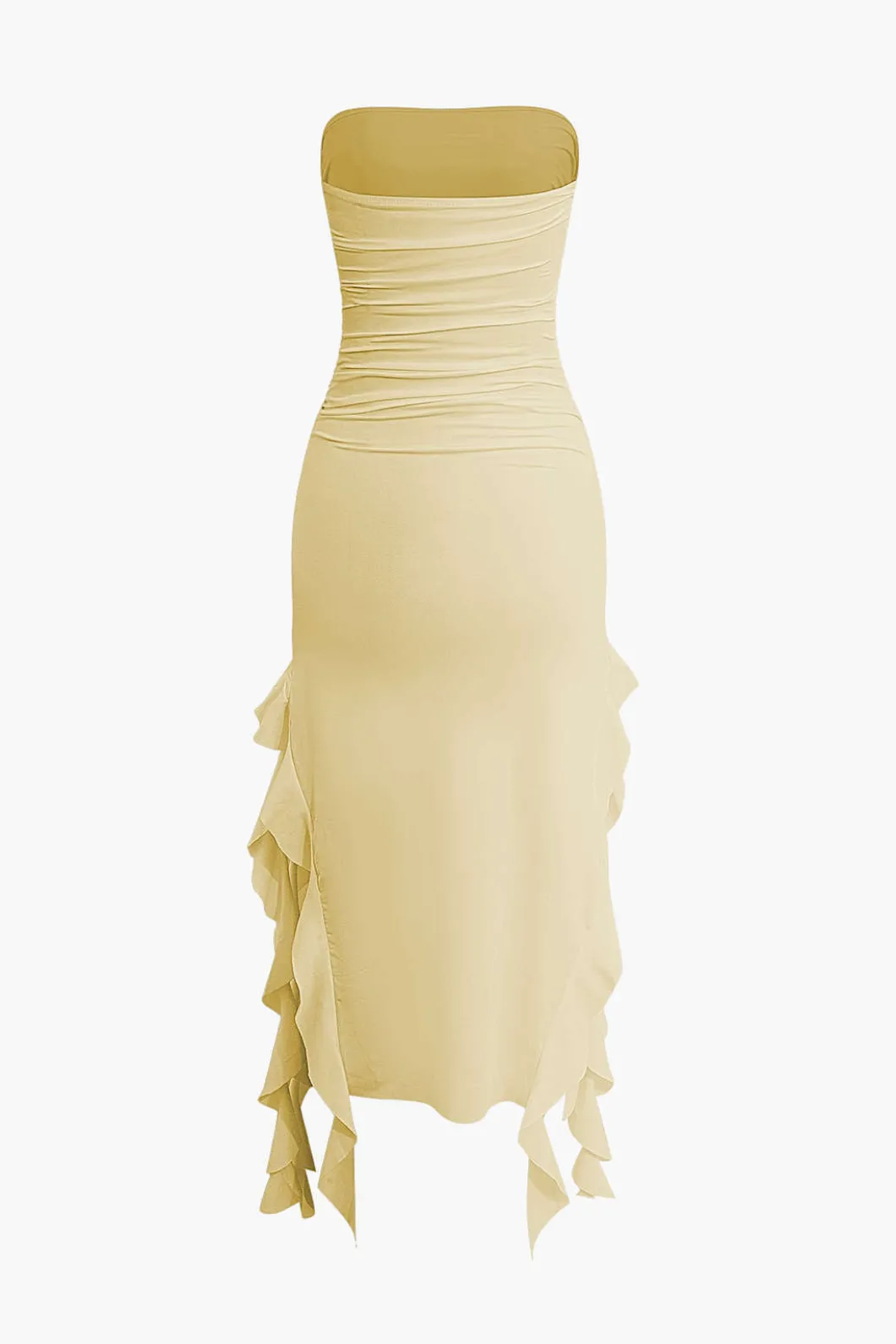 Solid Ruffle Hem Ruched Tube Maxi Dress>MICAS Fashion
