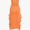Solid Ruffle Hem Ruched Tube Maxi Dress>MICAS Fashion