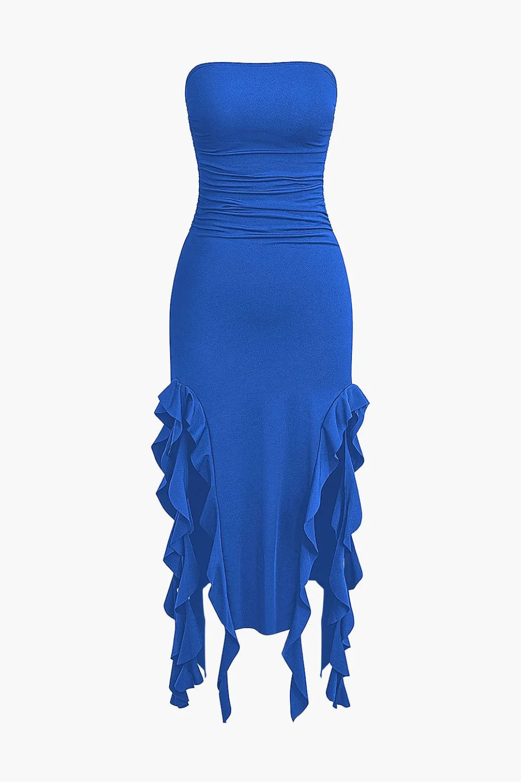 Solid Ruffle Hem Ruched Tube Maxi Dress>MICAS Fashion