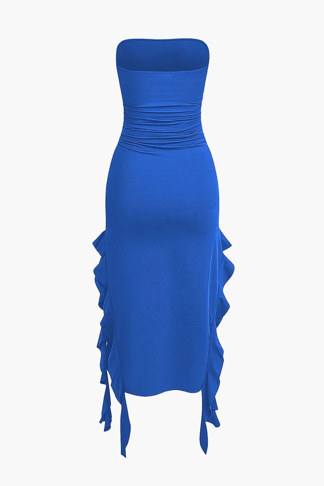 Solid Ruffle Hem Ruched Tube Maxi Dress>MICAS Fashion