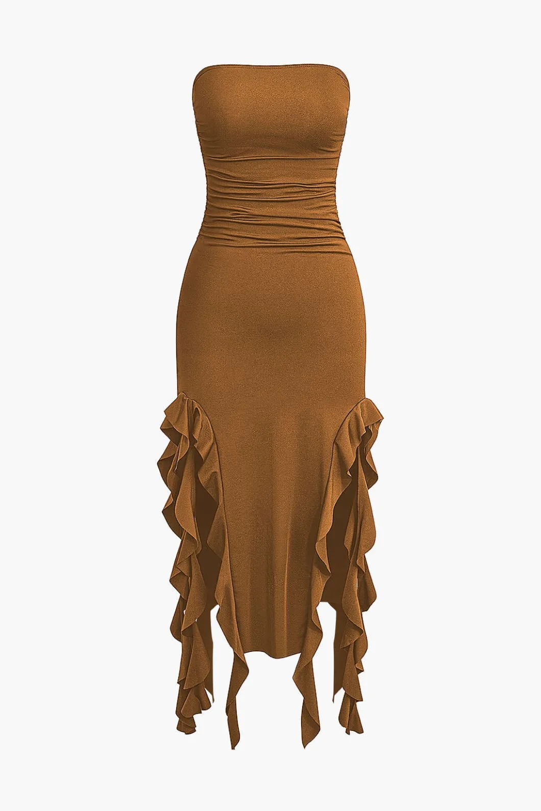 Solid Ruffle Hem Ruched Tube Maxi Dress>MICAS Fashion