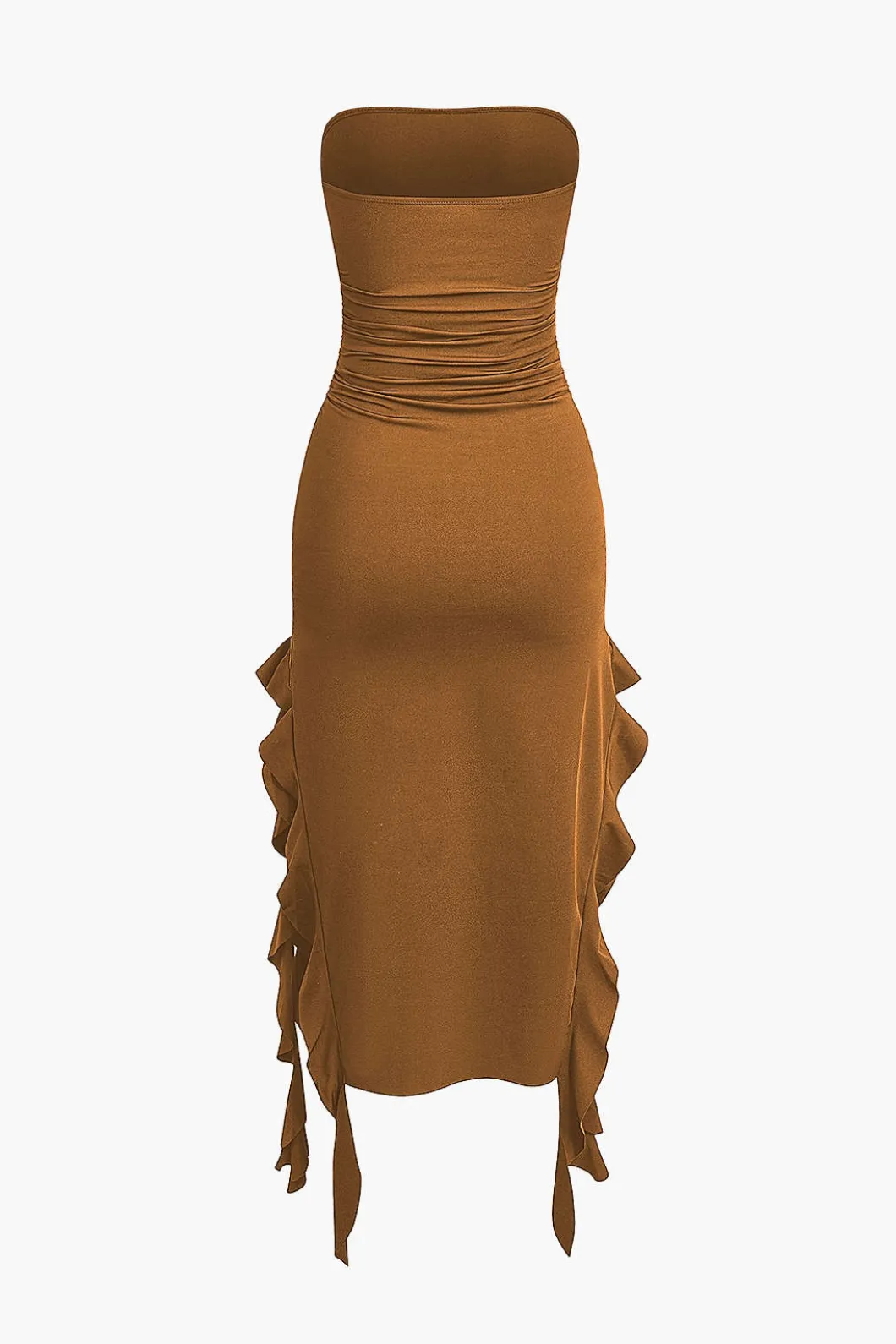 Solid Ruffle Hem Ruched Tube Maxi Dress>MICAS Fashion
