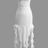 Solid Ruffle Hem Ruched Tube Maxi Dress>MICAS Fashion