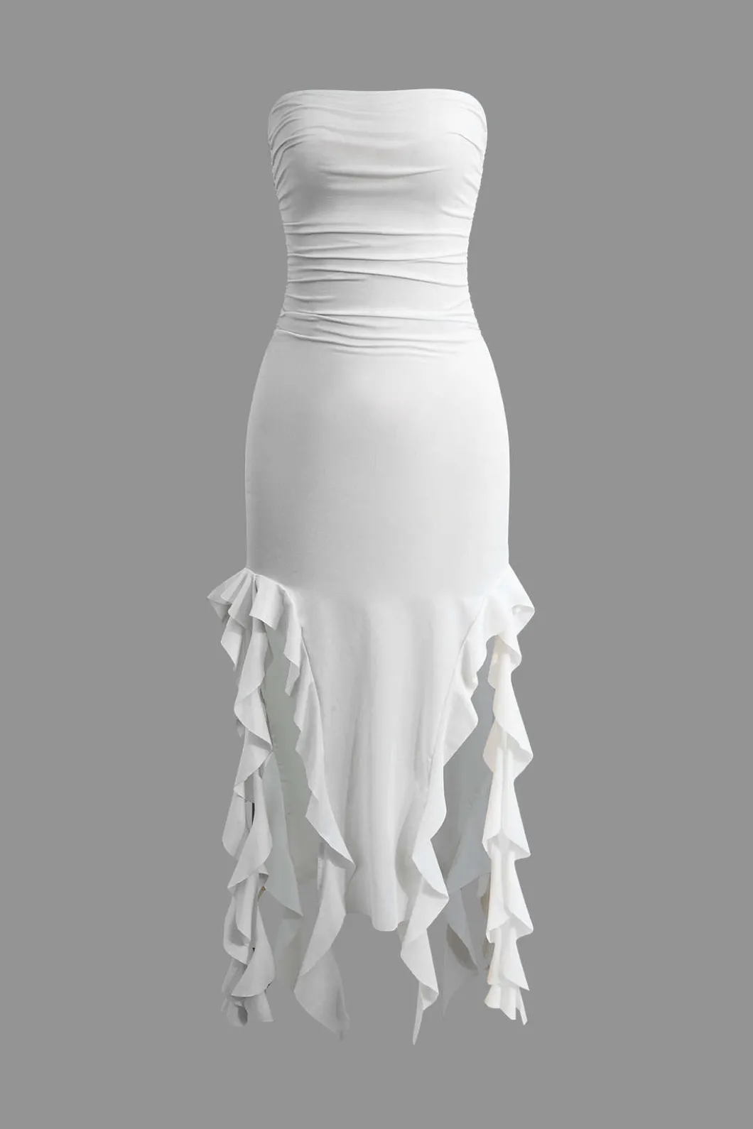 Solid Ruffle Hem Ruched Tube Maxi Dress>MICAS Fashion
