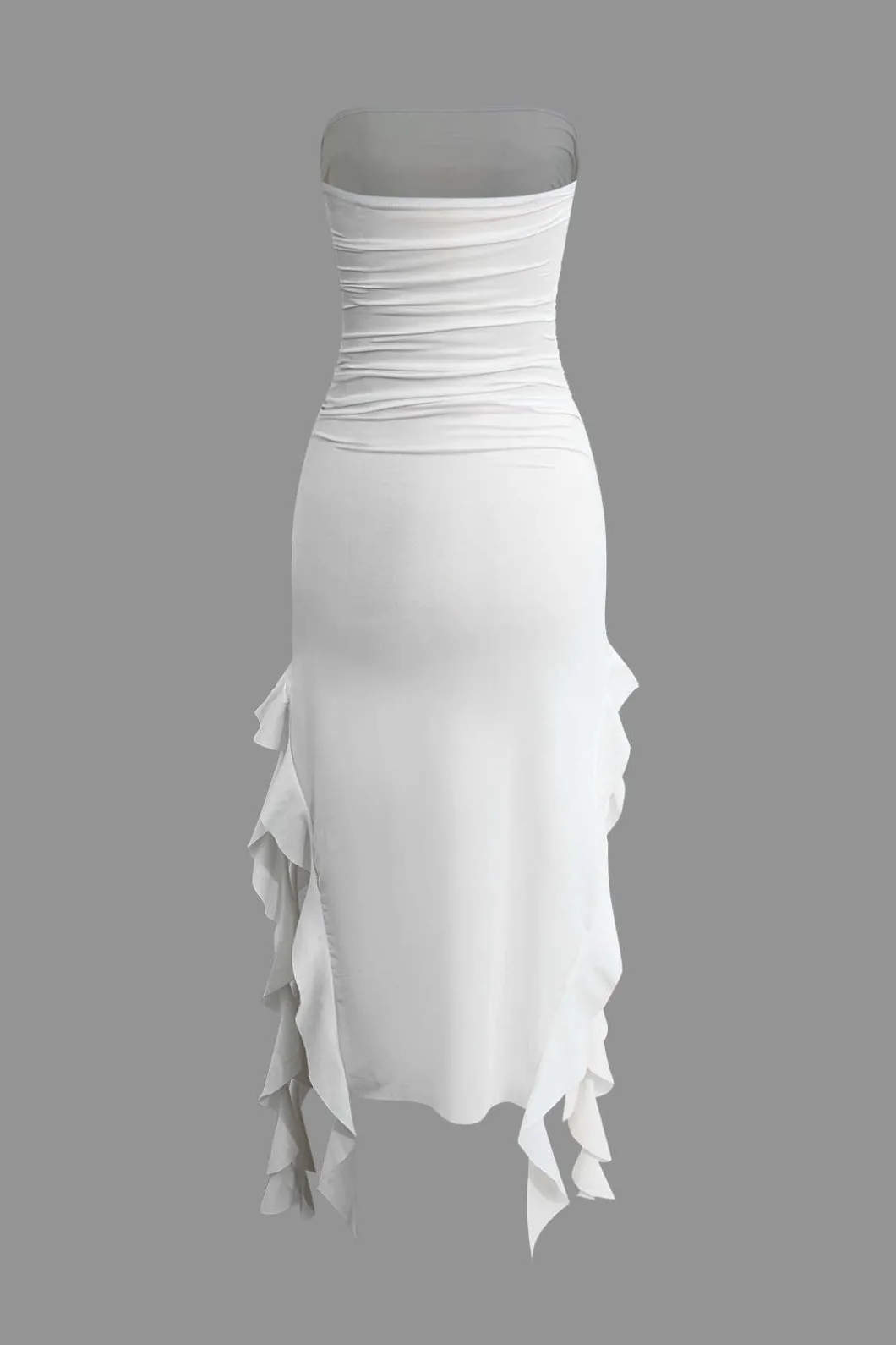 Solid Ruffle Hem Ruched Tube Maxi Dress>MICAS Fashion