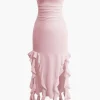 Solid Ruffle Hem Ruched Tube Maxi Dress>MICAS Fashion