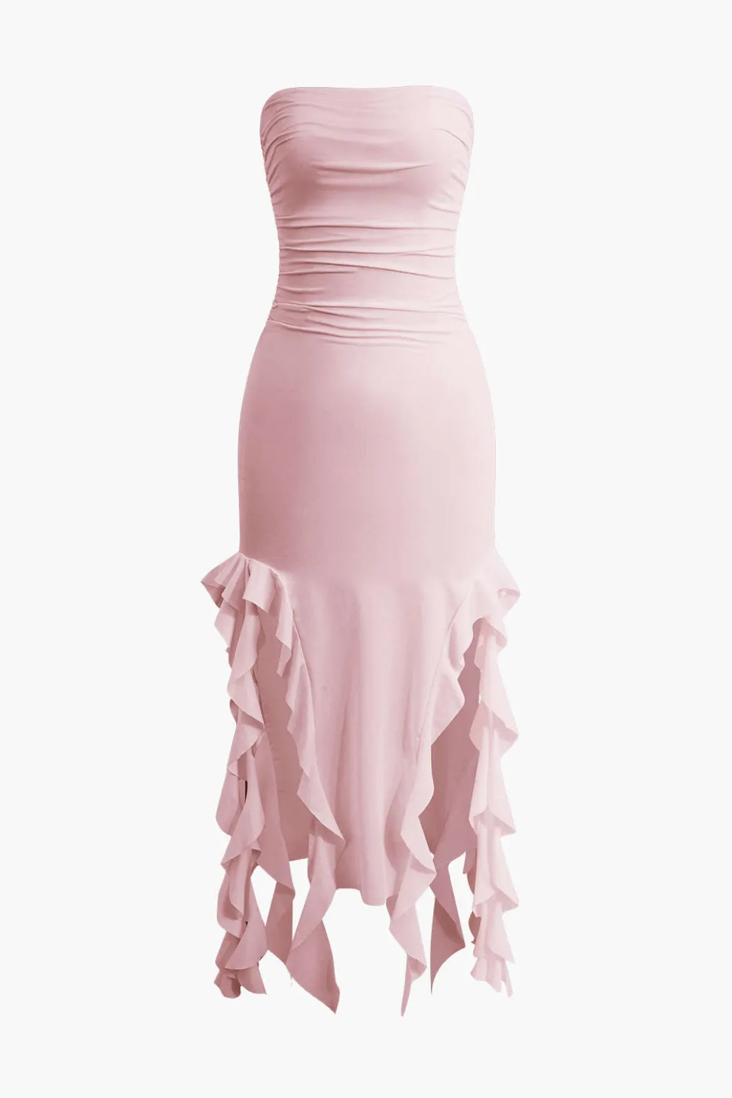 Solid Ruffle Hem Ruched Tube Maxi Dress>MICAS Fashion
