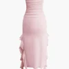 Solid Ruffle Hem Ruched Tube Maxi Dress>MICAS Fashion