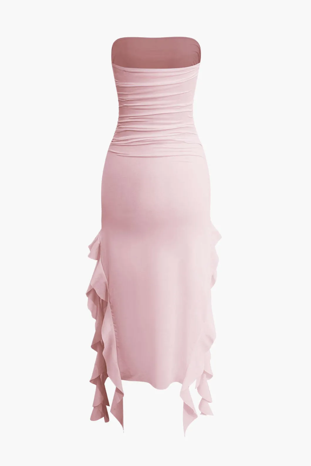 Solid Ruffle Hem Ruched Tube Maxi Dress>MICAS Fashion