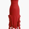 Solid Ruffle Hem Ruched Tube Maxi Dress>MICAS Fashion