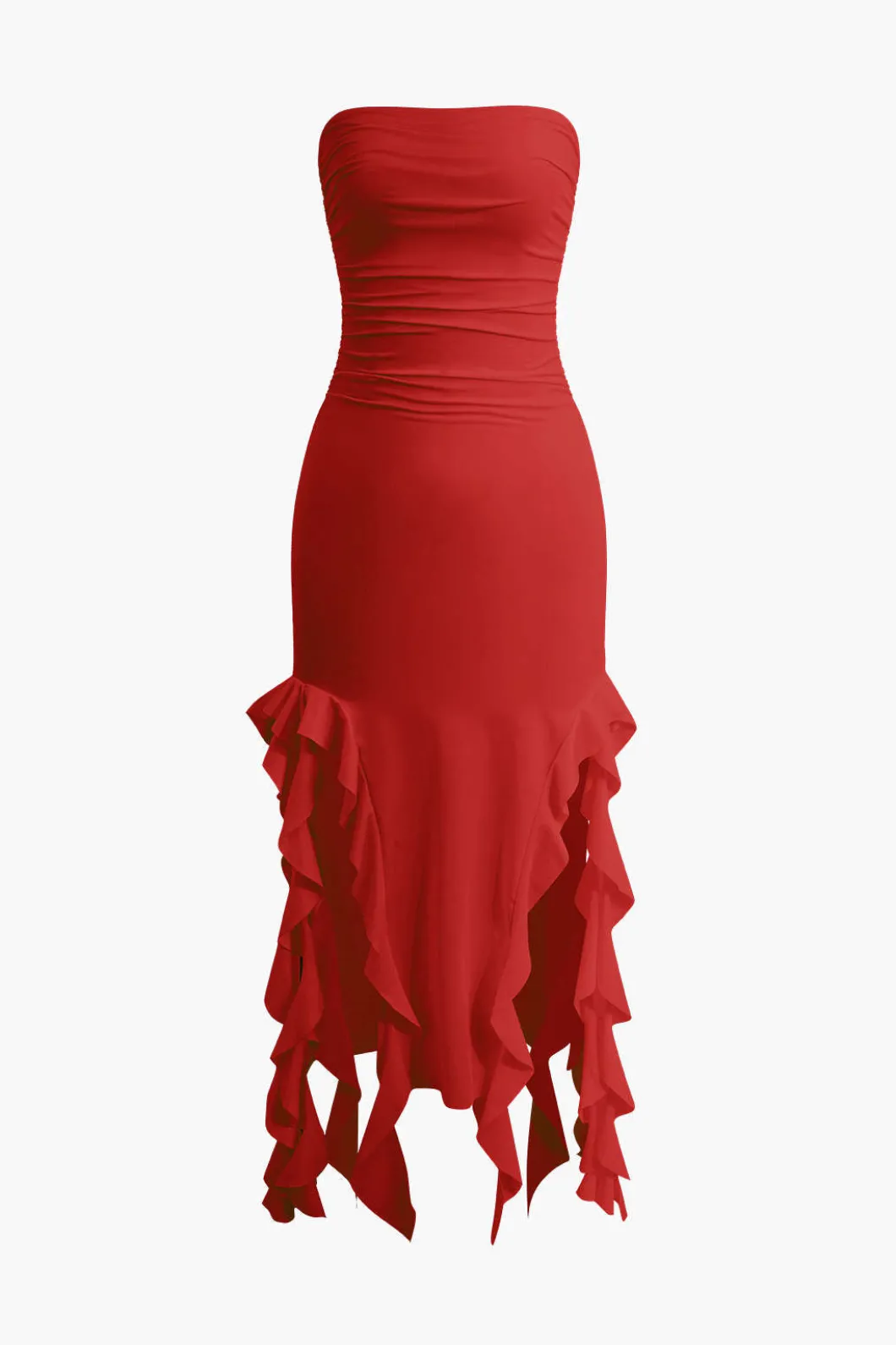 Solid Ruffle Hem Ruched Tube Maxi Dress>MICAS Fashion