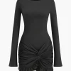 Solid Ruffle Ruched Twist Long Sleeve Mini Dress>MICAS Best