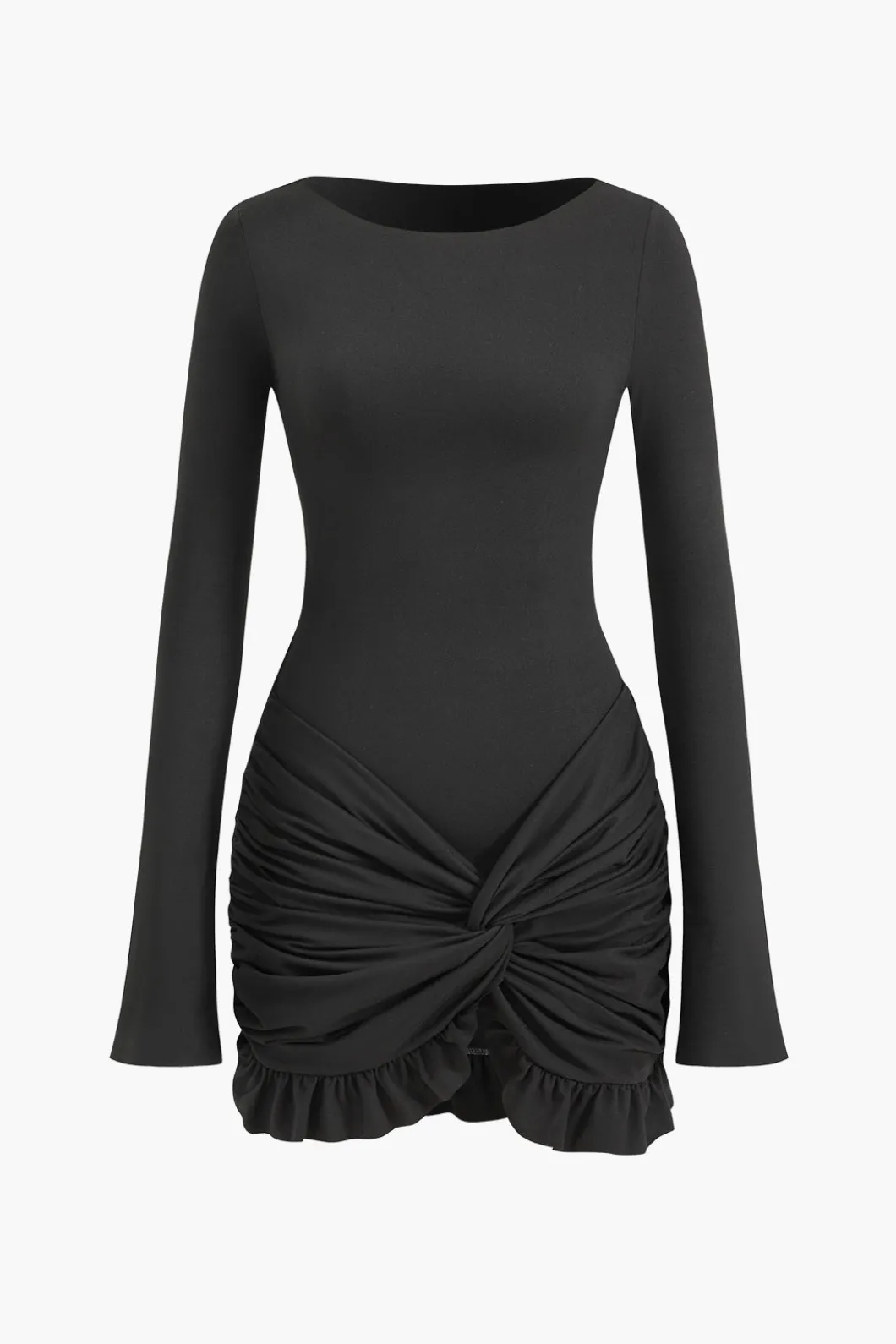 Solid Ruffle Ruched Twist Long Sleeve Mini Dress>MICAS Best