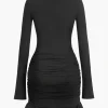 Solid Ruffle Ruched Twist Long Sleeve Mini Dress>MICAS Best