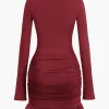 Solid Ruffle Ruched Twist Long Sleeve Mini Dress>MICAS Best