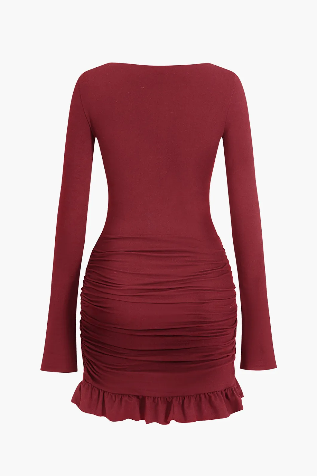 Solid Ruffle Ruched Twist Long Sleeve Mini Dress>MICAS Best