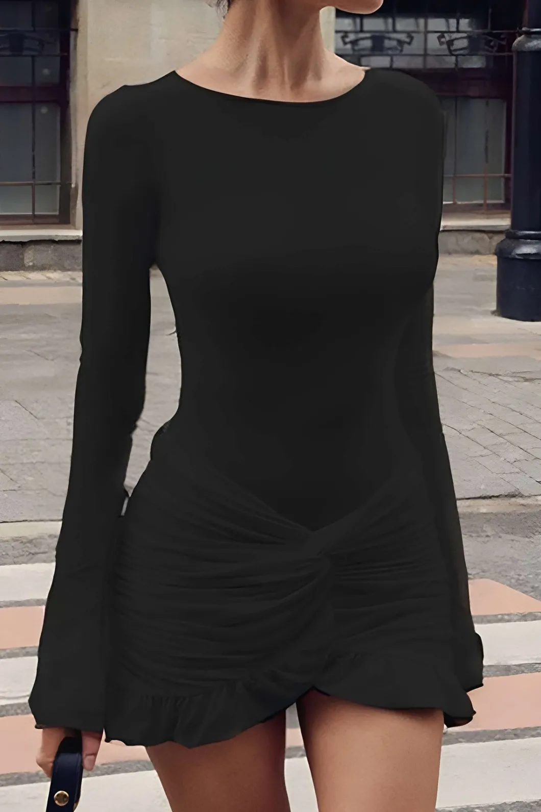 Solid Ruffle Ruched Twist Long Sleeve Mini Dress>MICAS Best