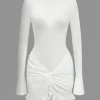 Solid Ruffle Ruched Twist Long Sleeve Mini Dress>MICAS Best