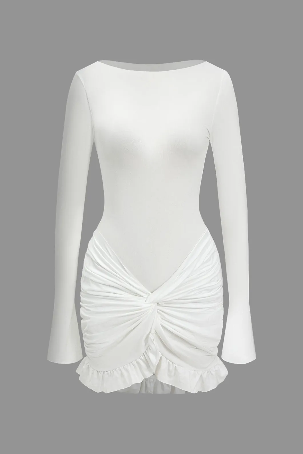 Solid Ruffle Ruched Twist Long Sleeve Mini Dress>MICAS Best