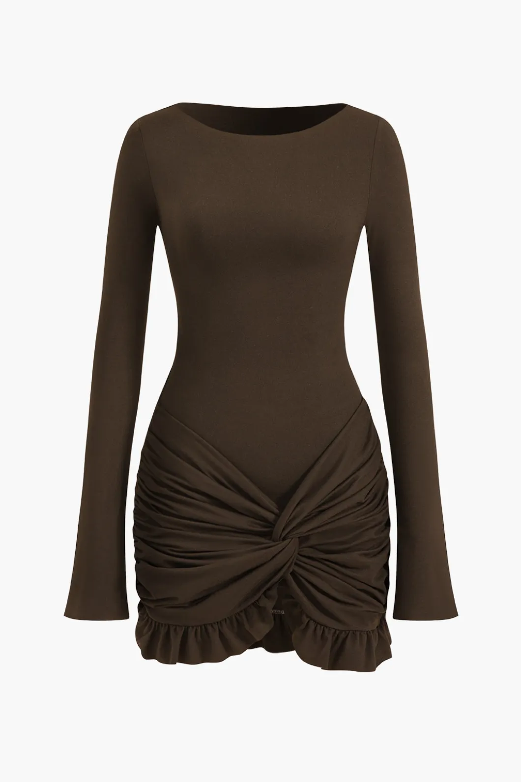 Solid Ruffle Ruched Twist Long Sleeve Mini Dress>MICAS Best