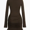Solid Ruffle Ruched Twist Long Sleeve Mini Dress>MICAS Best